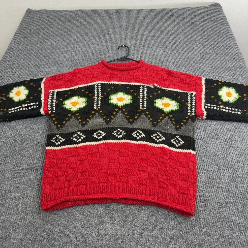 Vintage Handknit Sweater Mens L Red Wool Floral Geometric Chunky‎ Boho Style